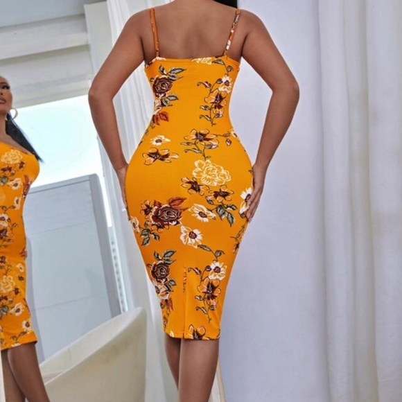 Yellow Midi Bodycon Dress Spaghetti Strap - Picture 2 of 8